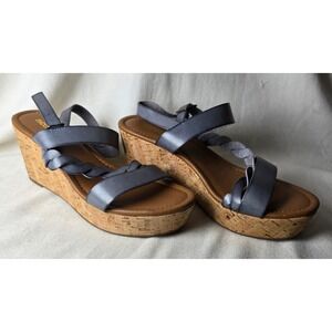Nicole Debbie 9.5  Sandles Strappy Leather Blue Slate Wedge Platform‎ #2490